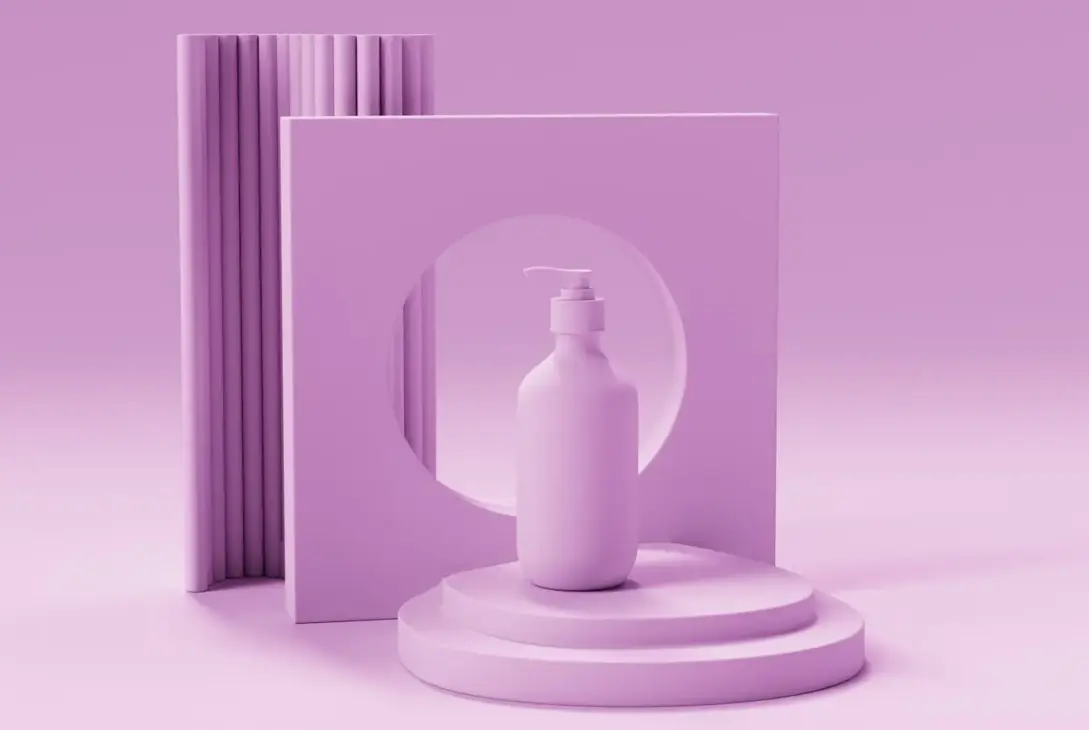 Pink wellness-produkt på piedestal som illustration af kapitalisme med glimmer og kommercialiseret self-care